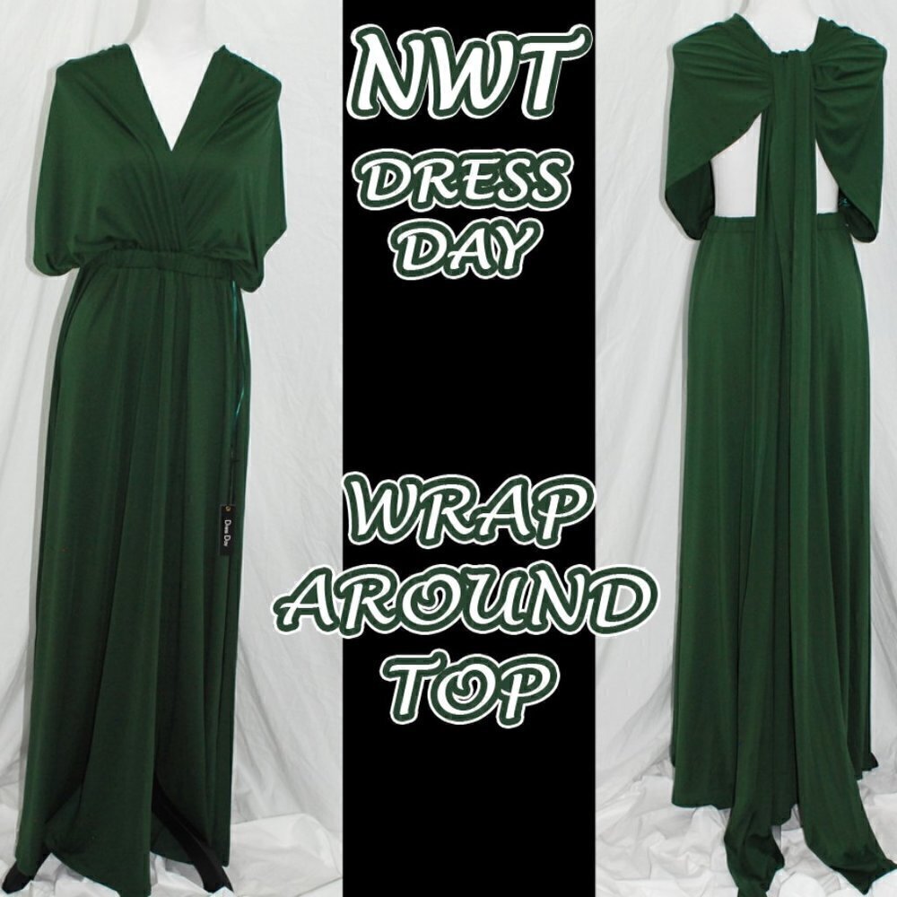Multi Wrap 44.5” Skirt NWT Dress Day Womens Medium Maxi Dress Emerald Green Tie